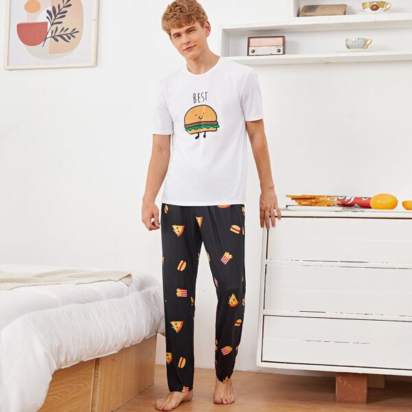 

Men Letter and Hamburgers Print Top & Pants PJ Set, Black and white