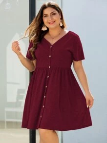 SHEIN LUNE 大碼v領前紐扣連衣裙 - 酒紅色 - 查看 3