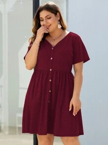 SHEIN LUNE 大碼v領前紐扣連衣裙 - 酒紅色 - 查看 5