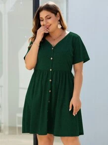 SHEIN Belle 休閒前紐扣簡約加大洋裝 - 墨綠色 - 查看 4