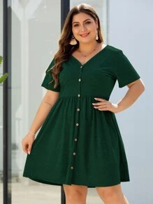 SHEIN Belle 休閒前紐扣簡約加大洋裝 - 墨綠色 - 查看 5