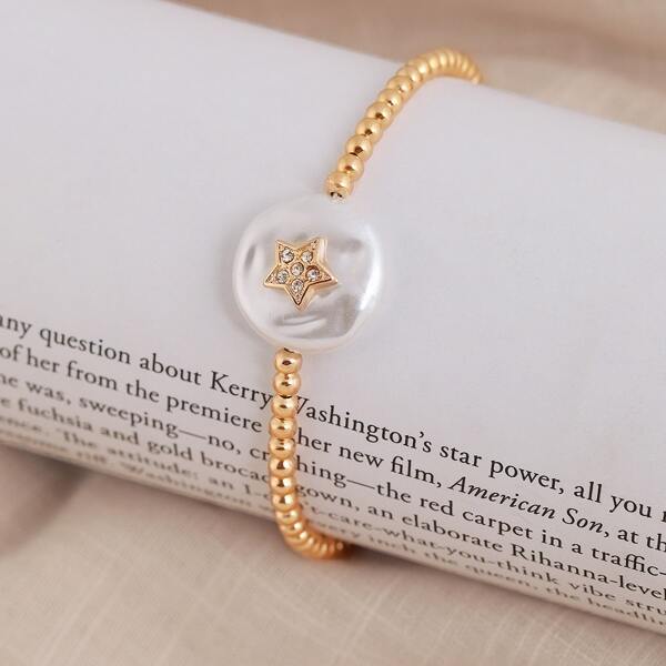 

Rhinestone Star Charm Bead Chain Bracelet, Gold
