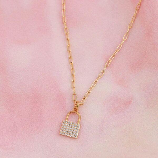 

Rhinestone Lock Charm Chain Necklace, Gold