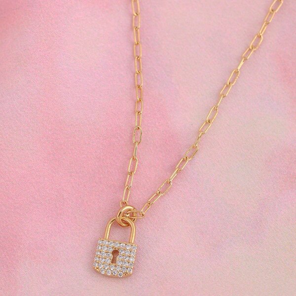 

Rhinestone Lock Charm Chain Necklace, Gold
