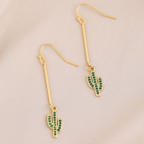 

1pair Hook Back Rhinestone Pave Cactus Earrings, Gold