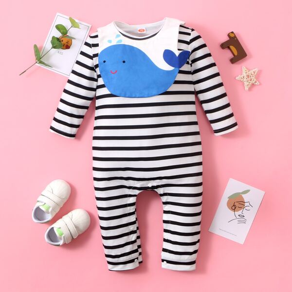 

Baby Boy Striped Jumpsuit With Cartoon Whale Print Bib, Black and white