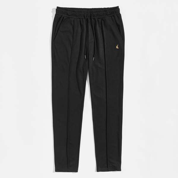 

Men Drawstring Waist Embroidery Detail Seam Front Pants, Black