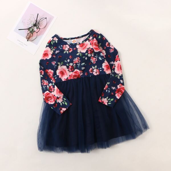 

Toddler Girls Floral Print Contrast Mesh Dress, Navy blue
