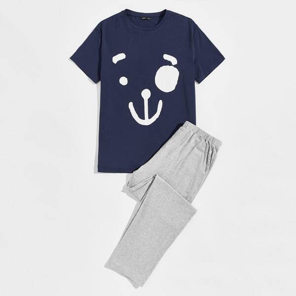 

Men Cartoon Graphic Top & Pants PJ Set, Multicolor