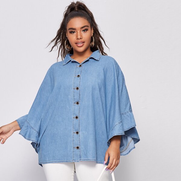 

Plus Ruffle Cuff Batwing Sleeve Denim Blouse, Medium wash