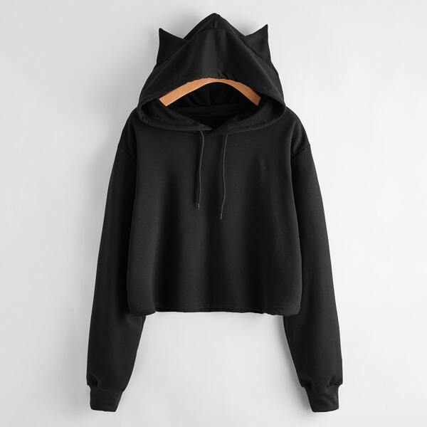 

Drawstring 3D Ear Hooded Crop Sweatshirt, Black