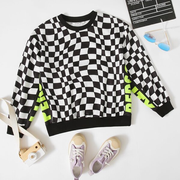 

Girls Neon Letter Graphic Checkered Pullover, Black and white