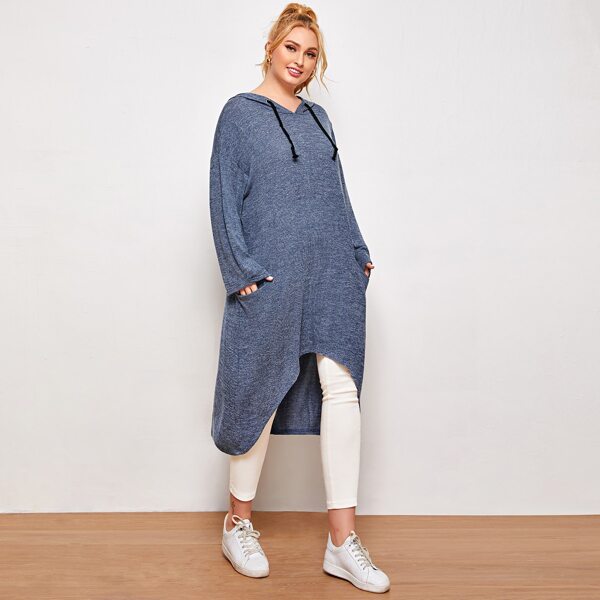 

Plus High Low Drawstring Longline Hoodie, Dusty blue