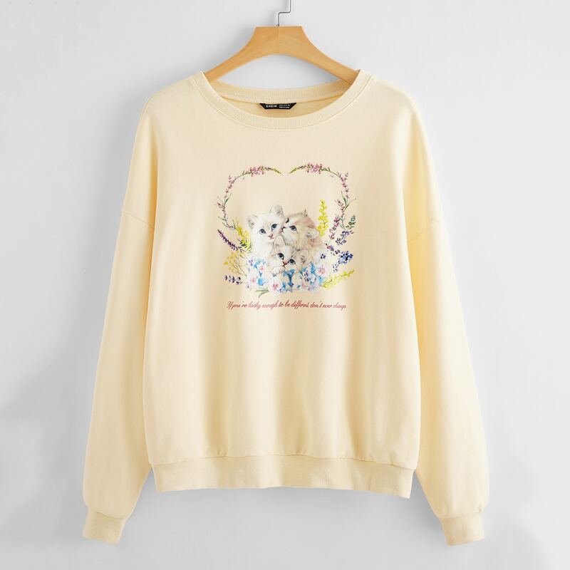 

Cat and Slogan Graphic Drop Shoulder Oversized Pullover, Beige
