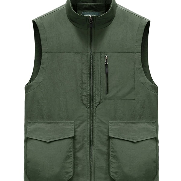 

Men Solid Flap Pocket Zip Up Vest Jacket, Army green