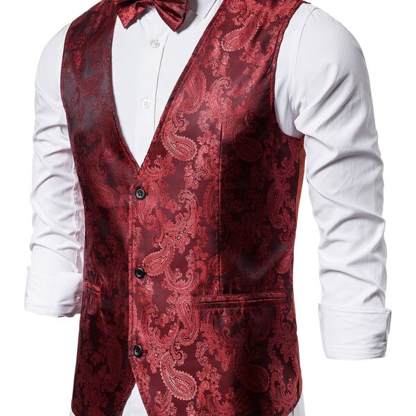 

Men Paisley Print Blazer Vest & Bow Tie, Burgundy