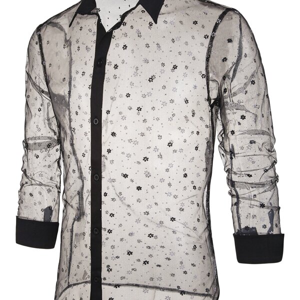 

Men Ditsy Floral Sheer Mesh Shirt, Black