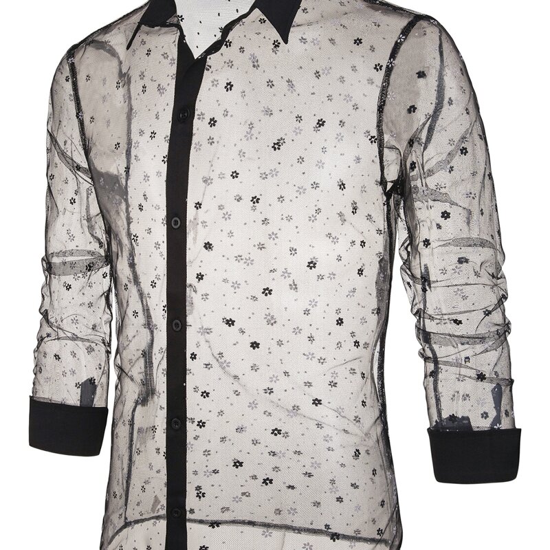 

Men Ditsy Floral Sheer Mesh Shirt, Black