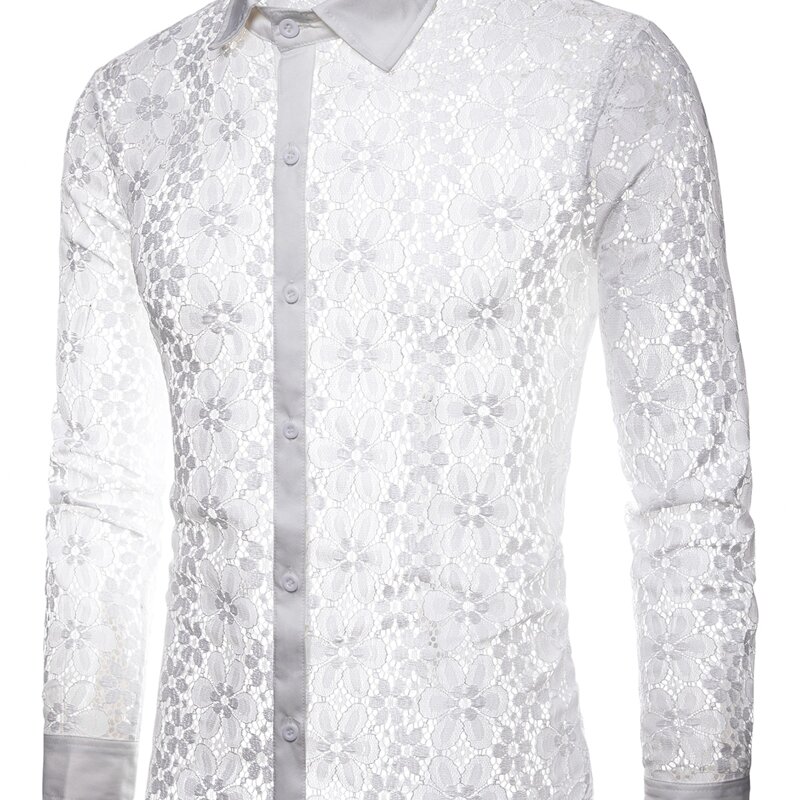 

Men Floral Sheer Lace Button Through Shirt, White