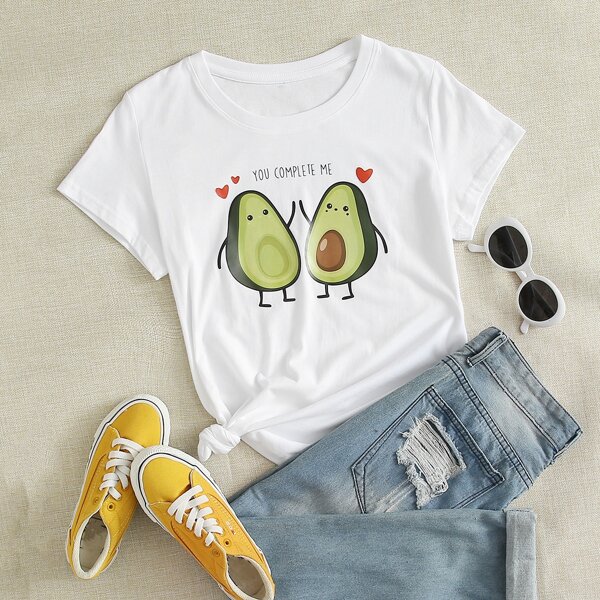 

Cartoon Avocado & Slogan Graphic Tee, White