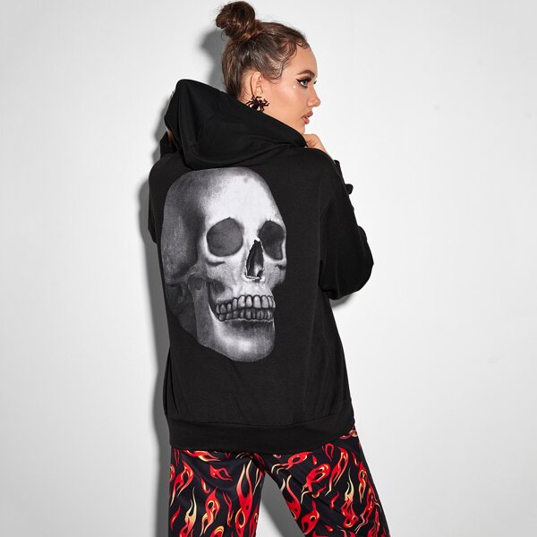 

Skull Print Zip Up Drawstring Hoodie, Black