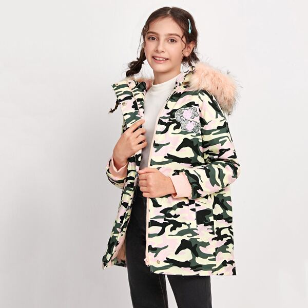 

Girls Camo Print Patched Detail Faux Fur Hooded Parka Coat, Multicolor
