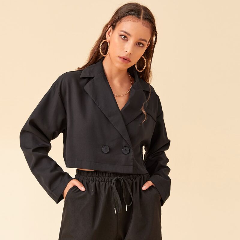 

Drop Shoulder Double Button Crop Blazer, Black