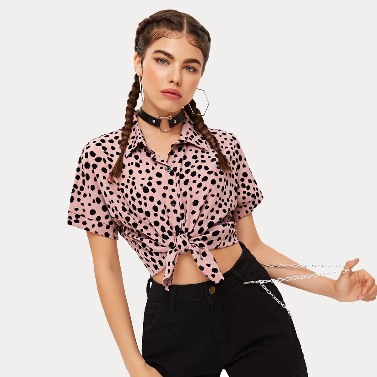 

All Over Print Button Through Blouse, Dusty pink