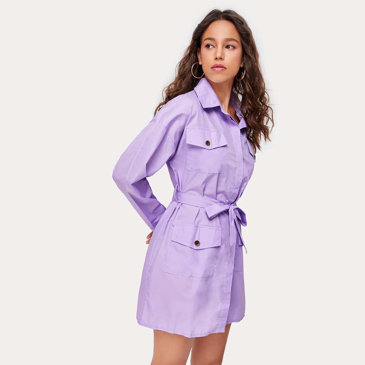 

Solid Single Breasted Belted Coat, Lilac purple