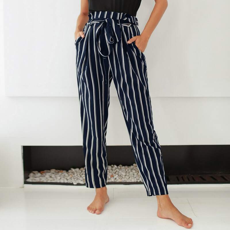 

Striped Print Belt Paper Bag Waist Pants, Navy blue