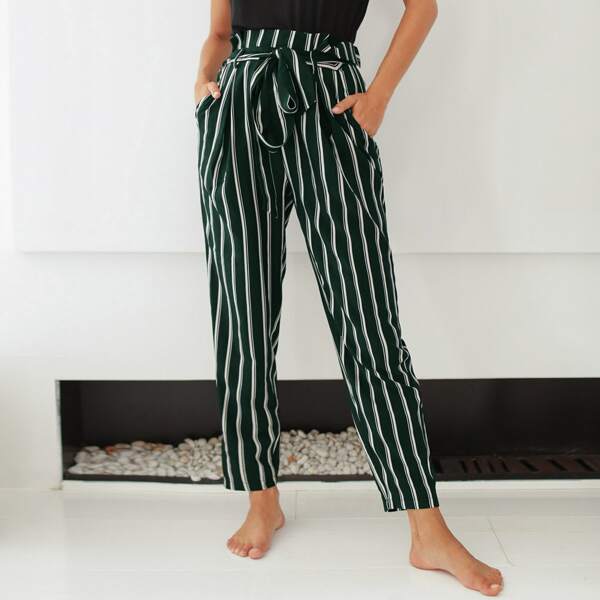 

Striped Print Belt Paper Bag Waist Pants, Dark green