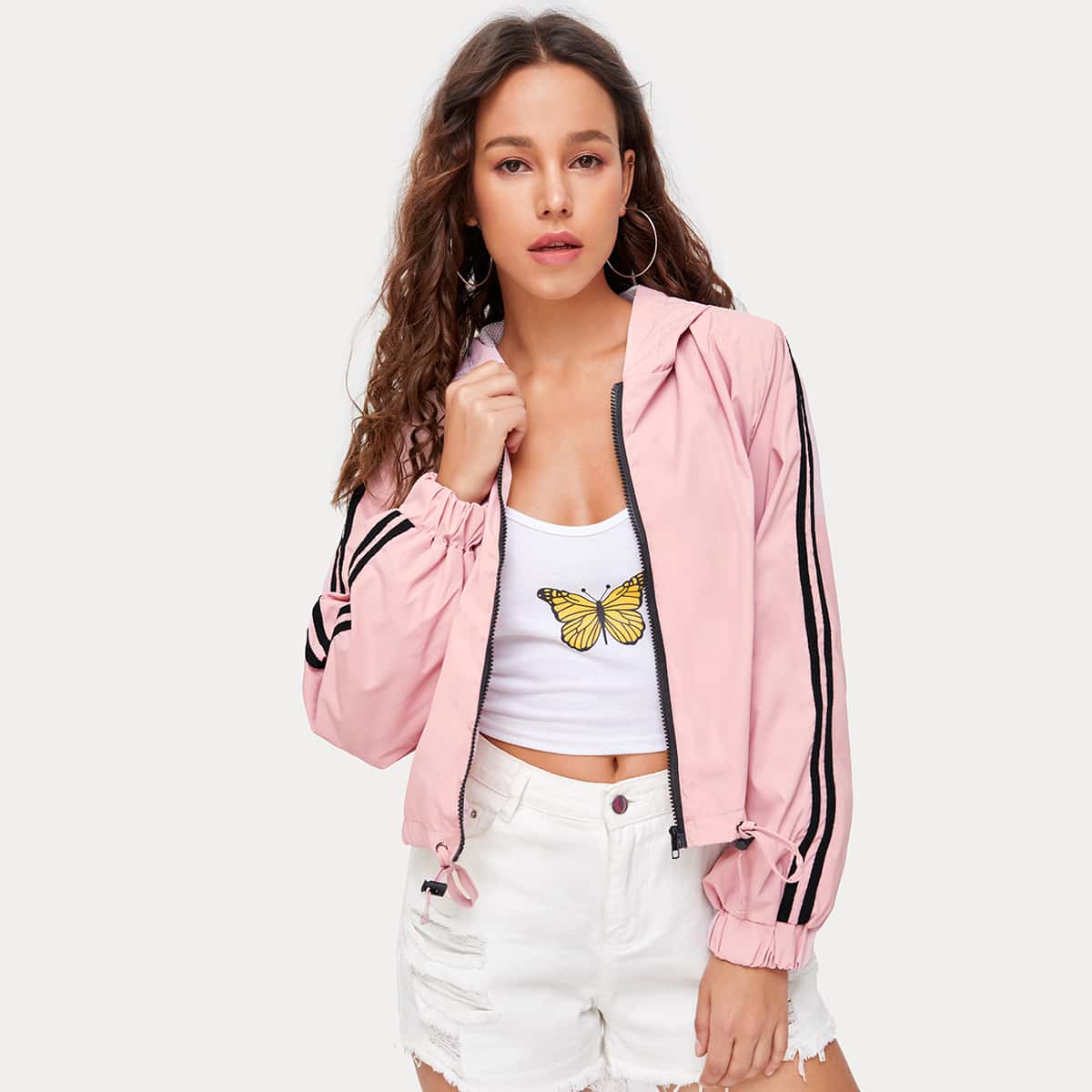 

Striped Side Drawstring Hem Wind Hooded Jacket, Pink