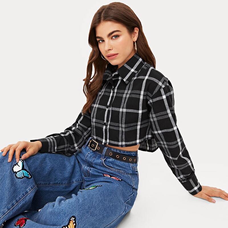 

Button Up Plaid Crop Jacket, Black