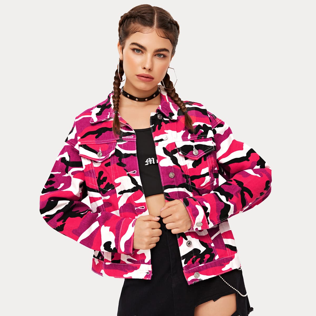 

Flap Pocket Button Front Camo Denim Jacket, Multicolor