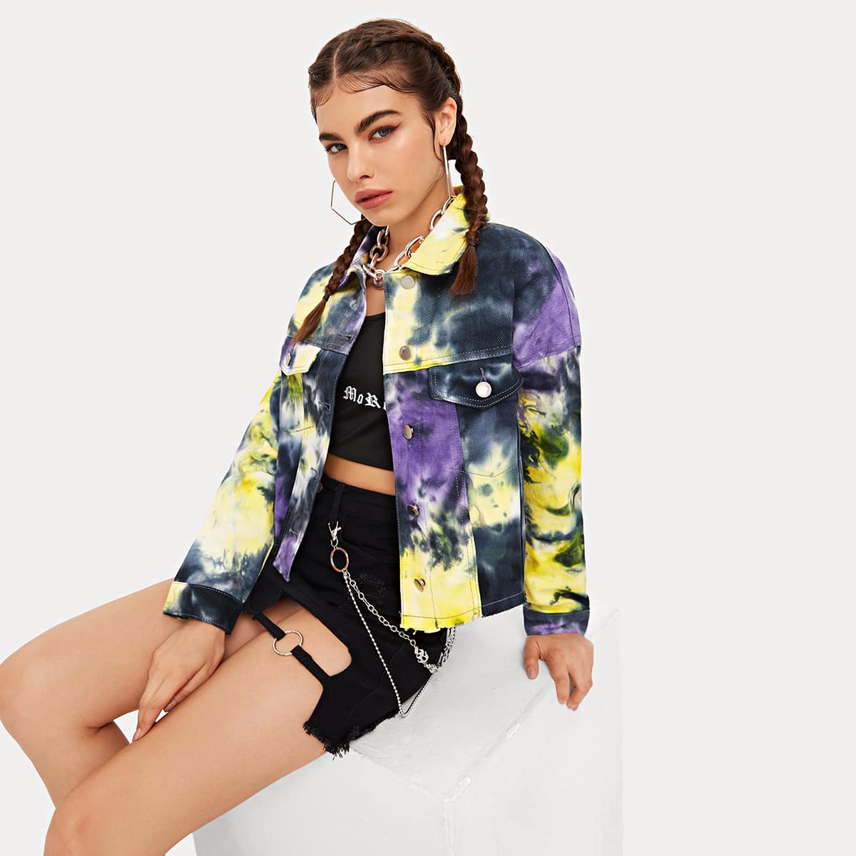 

Button Front Tie Dye Denim Jacket, Multicolor