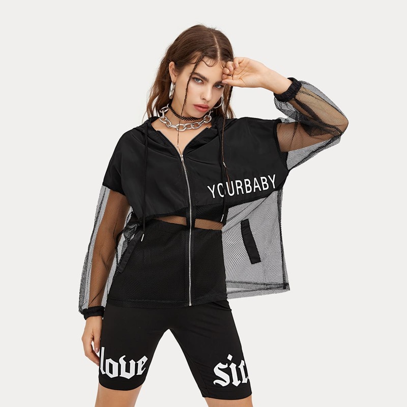 

Zip Up Letter Graphic Fishnet Mesh Panel Hooded Jacket, Black