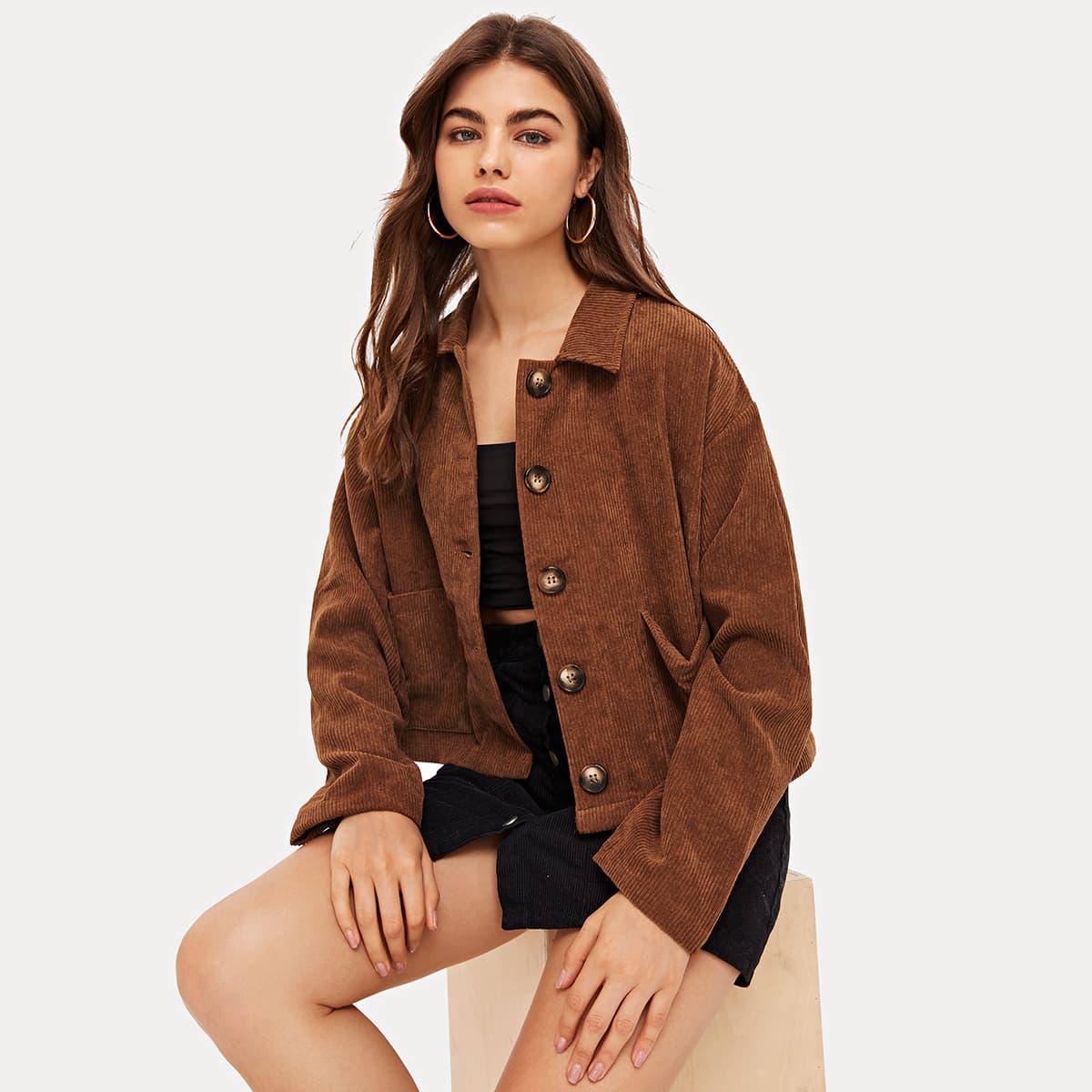 

Drop Shoulder Patch Pocket Solid Cord Jacket, Coffee brown