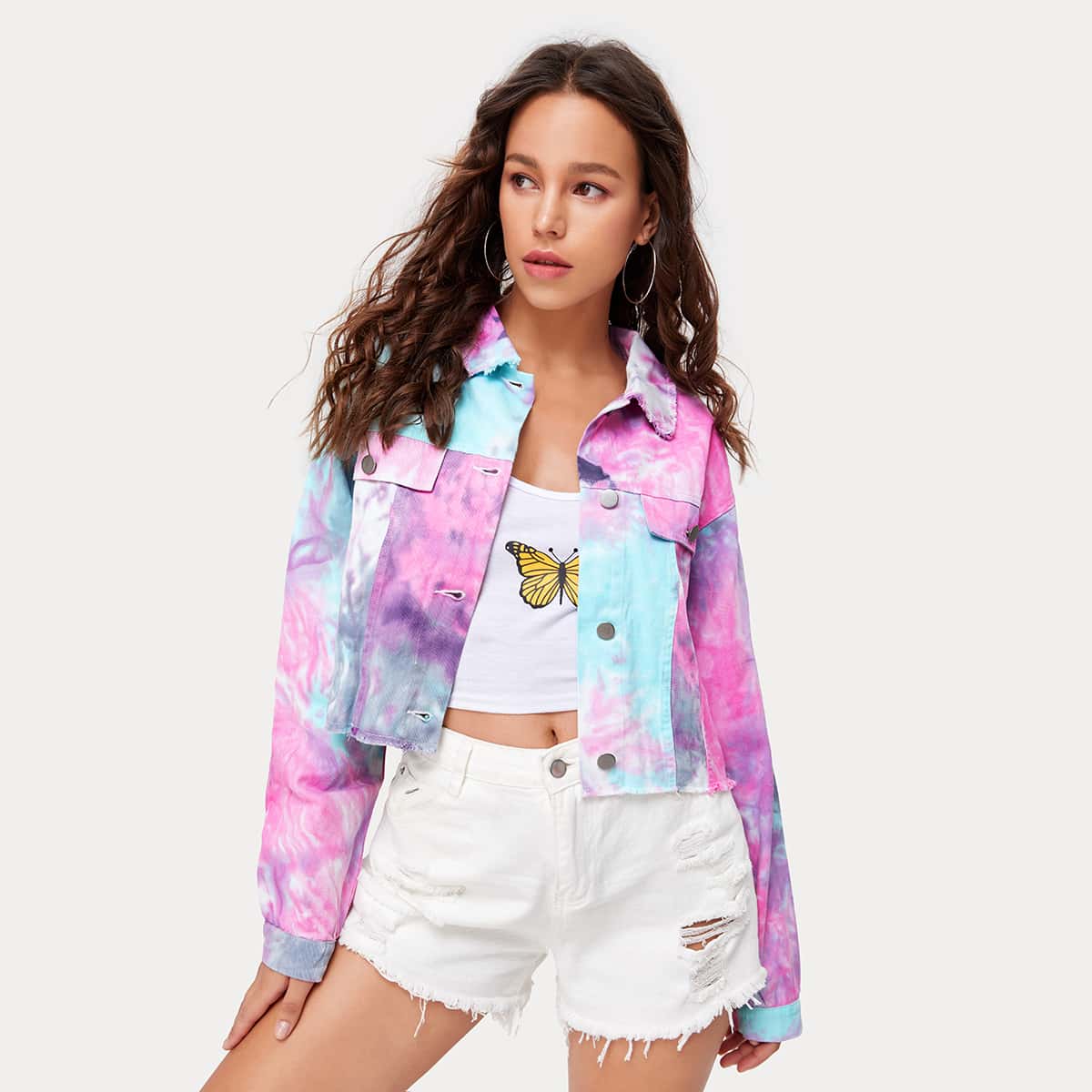 

Drop Shoulder Raw Hem Tie Dye Crop Jacket, Multicolor