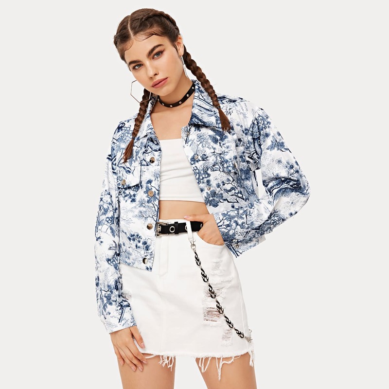 

Collared Press Buttoned Landscape Print Jacket, Blue and white