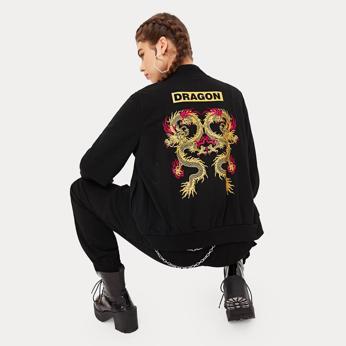 

Chinese Dragon & Letter Graphic Bomber Jacket, Black