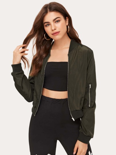Zipper Detail Solid Bomber Jacket