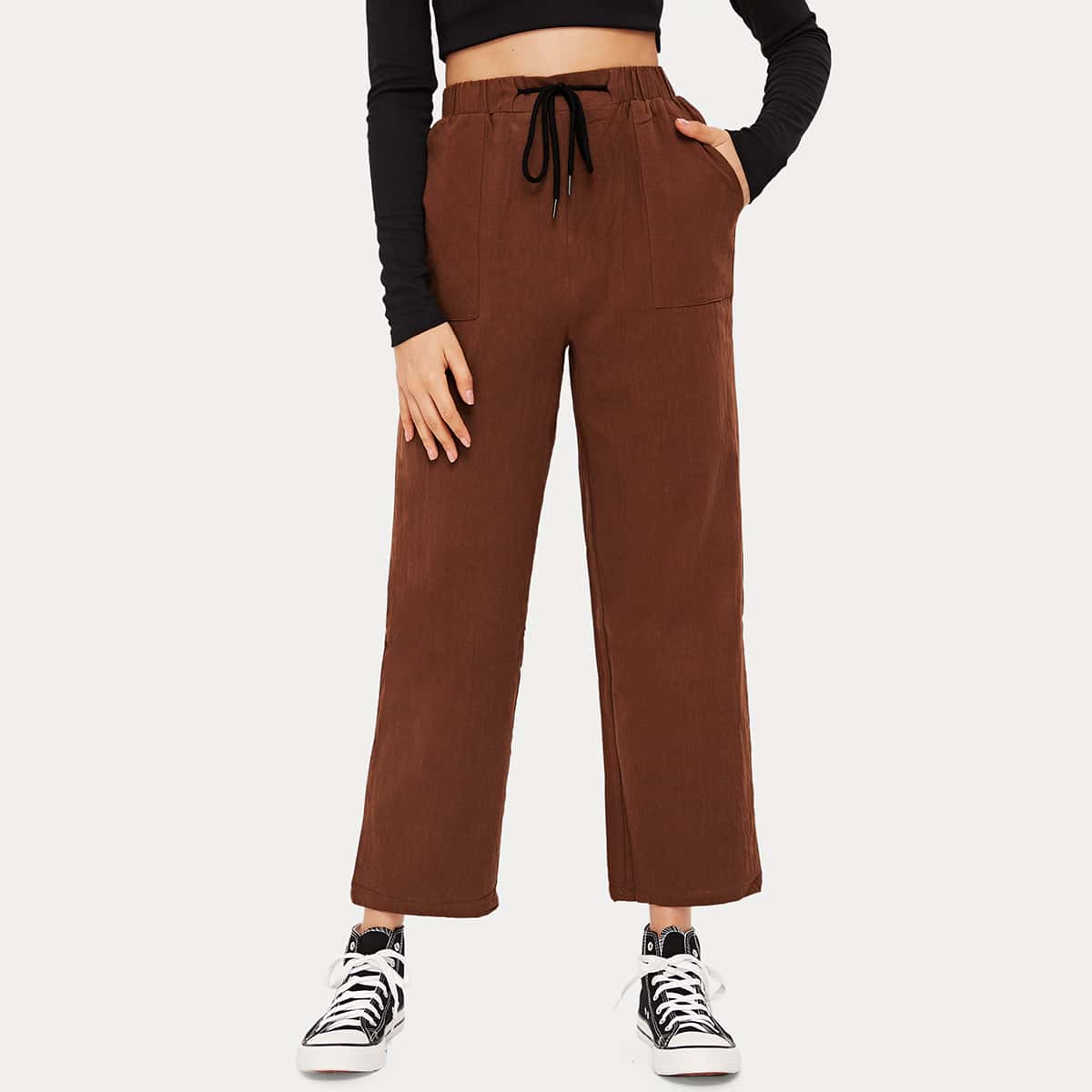 

Drawstring Waist Patch Pocket Straight Leg Pants, Coffee brown