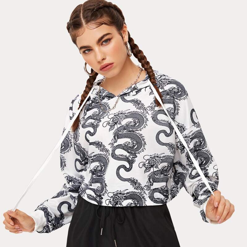 

Chinese Dragon Print Drawstring Hooded Sweatshirt, White