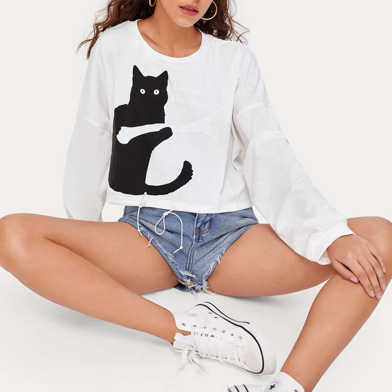 

Drop Shoulder Tie Hem Cat Print Sweatshirt, White