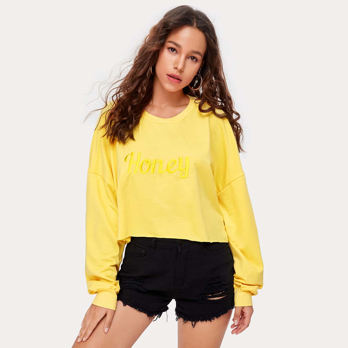 

Letter Embroidery Oversized Crop Sweatshirt, Yellow pastel