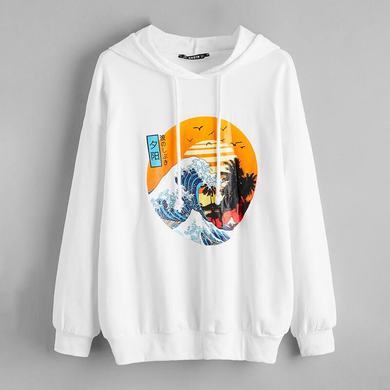 

Japanese Graphic Print Drop Shoulder Drawstring Hoodie, White