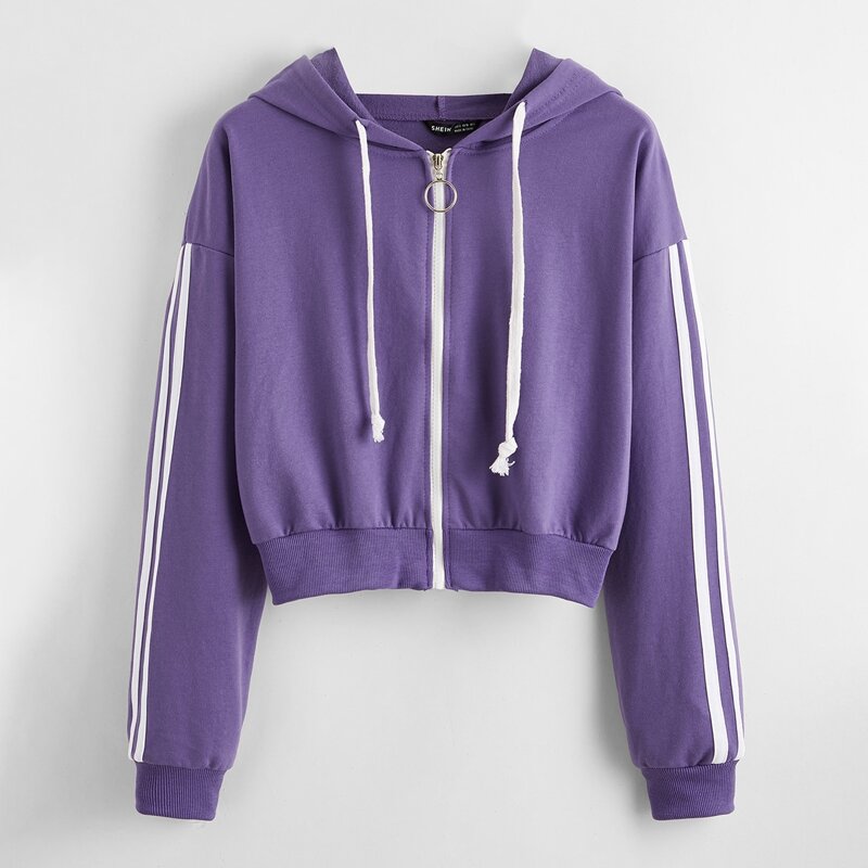 

Side Stripe Zip Up Drawstring Hooded Sweatshirt, Violet purple
