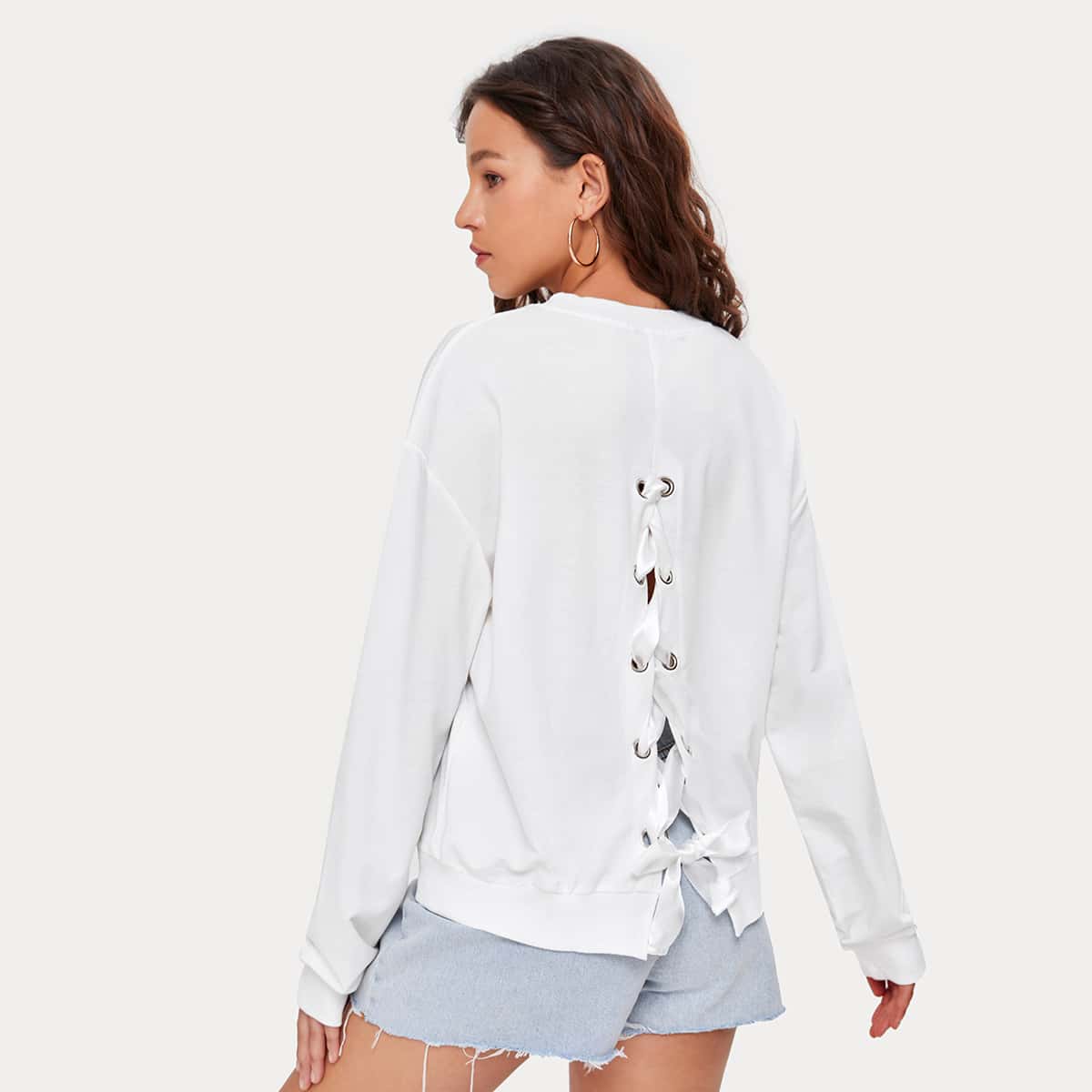 

Lace Up Back Drop Shoulder Solid Sweatshirt, White