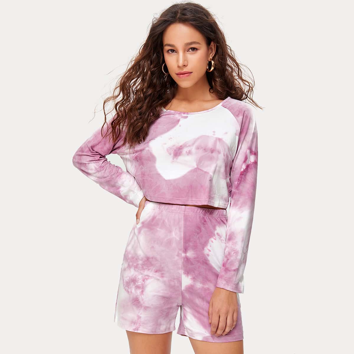 

Tie Dye Raglan Sleeve Top & Shorts Set, Multicolor