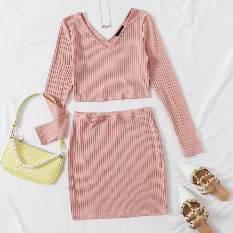 

Rib-knit Crop Top & Skirt Set, Baby pink
